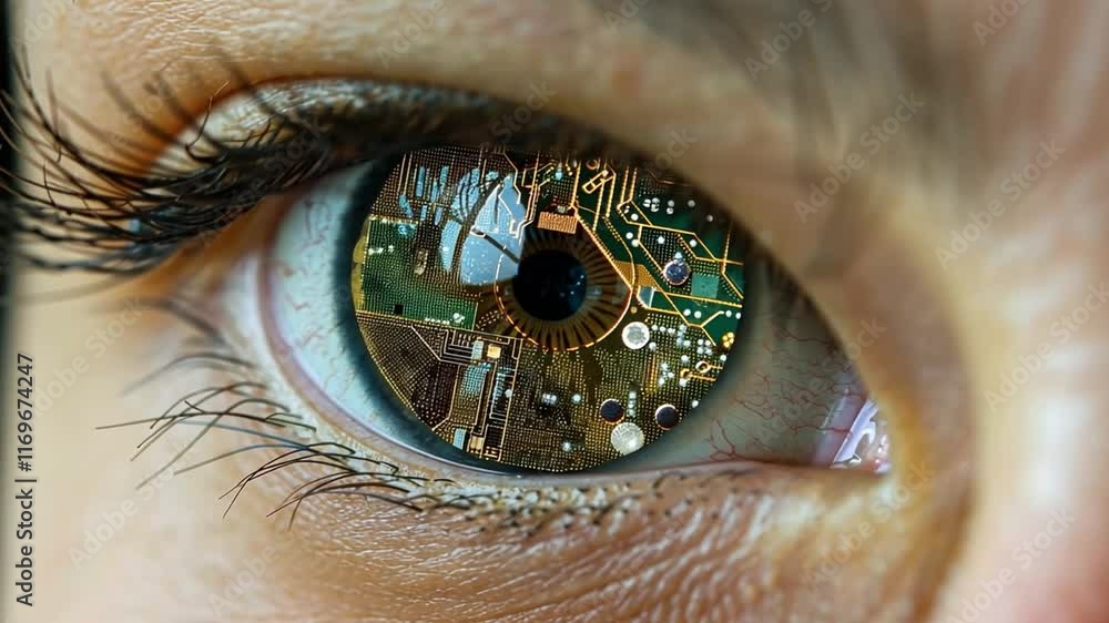 Poster an intricate design unfolds within the eye, showcasing how artificial intelligence integrates with h