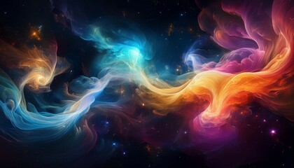colorful abstract smoke swirling through a dark cosmic backdrop with hints of stars