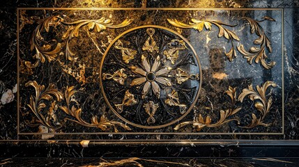 Naklejka premium Elegant Black Marble Wall Panel with Gold Floral Design Details