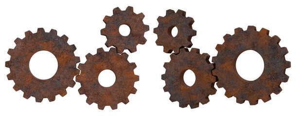 Realistic old gears system set. Isolated rust cogwheels. 3D rendering.