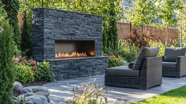 Modern Outdoor Fireplace with Cozy Seating in Lush Garden Setting
