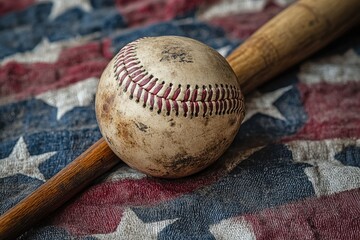 Worn baseball and bat on American flag.