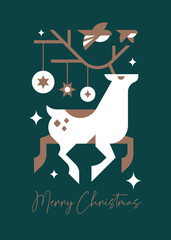Vector Merry Christmas greeting card with deer. Green posters with deer and Christmas toys. Minimalism design elements for printing on paper. Cartoon flat vector collage.