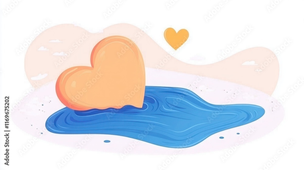 Poster bright and playful illustration of a heart shaped object floating on a calm body of water set agains