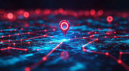 3D illustration of data technology, with location pins on a digital map background, and blue and red glowing lines