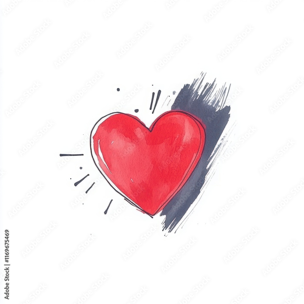 Poster hand-drawn illustration of a vibrant red heart surrounded by dynamic brush strokes in a minimalist s