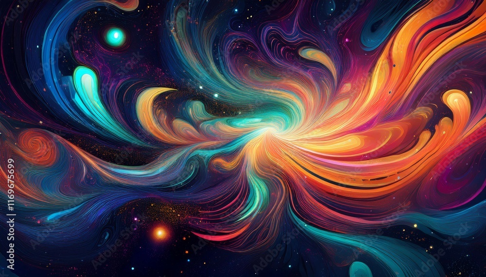 Poster vibrant swirling colors create a mesmerizing cosmic pattern in a dark space background