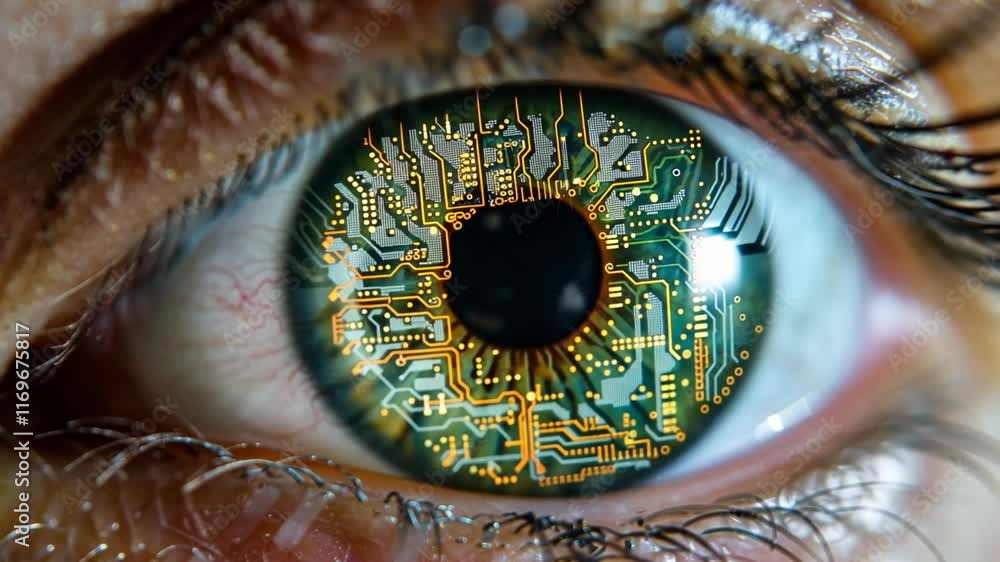 Poster An intricate close-up of an eye reveals vibrant circuits and technology embedded within, symbolizing the fusion of human senses and artificial intelligence.