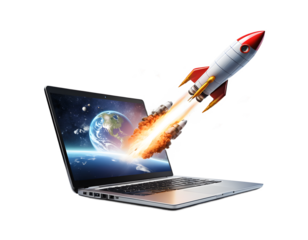 Laptop with Rocket Launching into Space 
