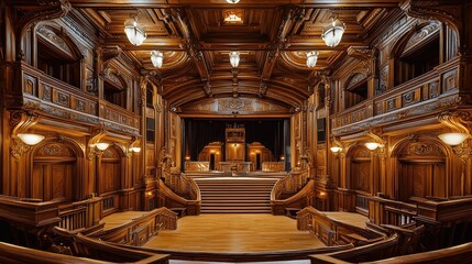 Fototapeta premium Elegant Wood Paneled Interior of Historic Courtroom with Stage