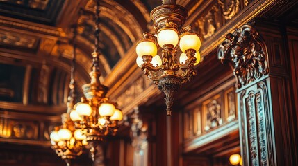 Obraz premium Elegant vintage chandelier lighting in ornate wooden interior design