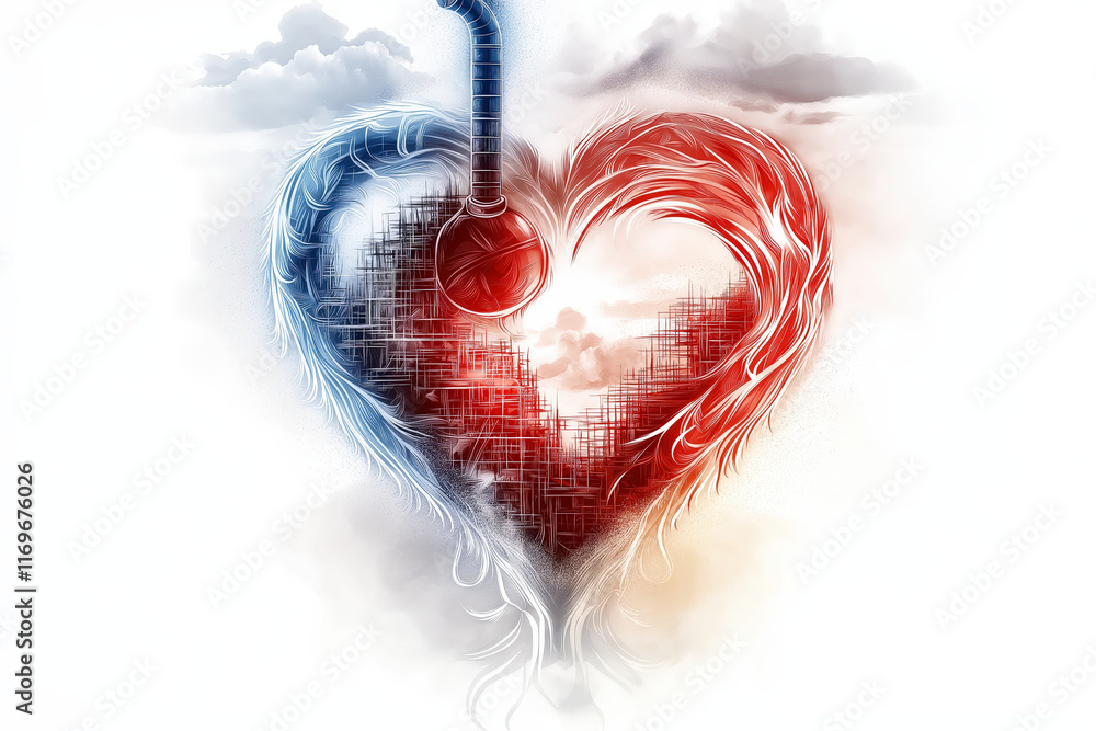 Poster artistic heart design with blue and red colors, symbolizing love and connection, surrounded by cloud