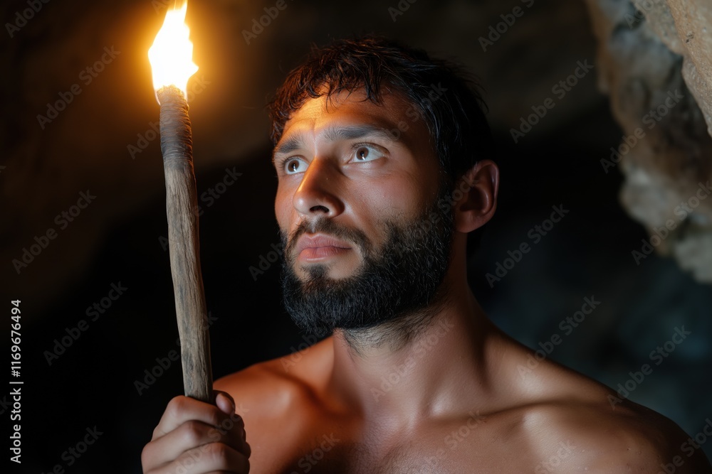 Poster a man is holding a torch in a cave. he is bare-chested and has a beard