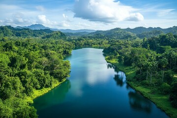 Fototapeta premium Serene river flows through lush green mountains.