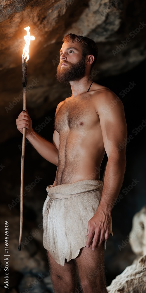 Poster A man is holding a torch and standing in a cave. The cave is dark and the man's face is illuminated by the light of the torch. The scene gives off a sense of adventure and exploration