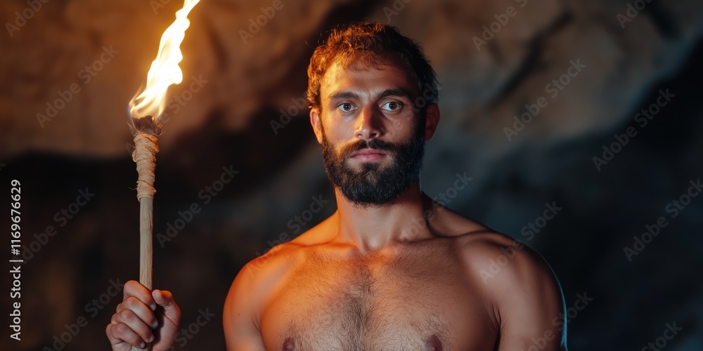 Poster a man is holding a torch in a cave. he is bare-chested and has a beard