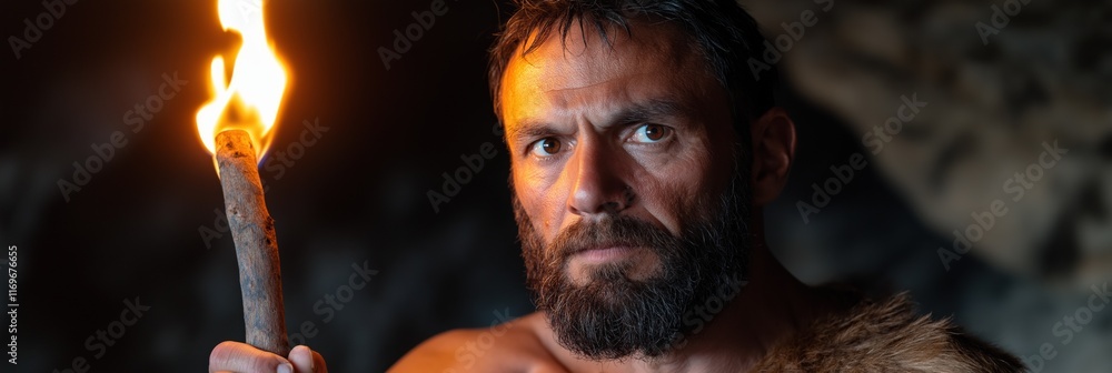 Poster a man with a beard holding a torch. the man is looking at the camera. the image has a mood of intens