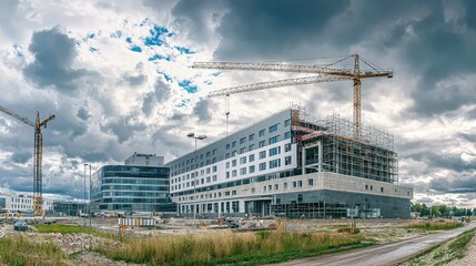 Obraz premium Modern Construction Site with Crane and Cloudy Sky Atmosphere
