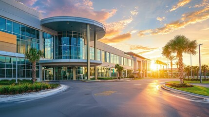 Modern Business Complex at Sunset with Colorful Sky and Palms
