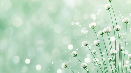   A close-up of white flowers on a green background with water droplets on their petals