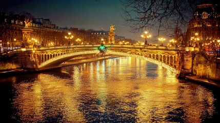 Fototapeta premium Stunning Paris River Scene at Night with Bright City Lights