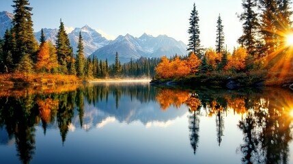   A serene lake bordered by towering trees reflects the warm rays of the sun Majestic mountains loom behind, framing this idyllic scene