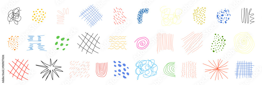 Poster curly lines, squiggles and different simple shapes set. colorful pen linear scribbles collection. ha
