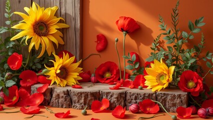 Vibrant Sunflowers and Poppies Still Life Photography