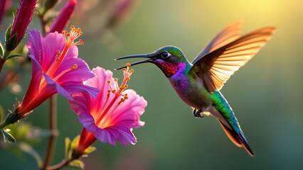 Vibrant Hummingbird Feeding on Pink Flowers AI Art