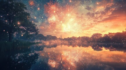 Fototapeta premium Breathtaking Fireworks Display Over Tranquil Lake at Sunset