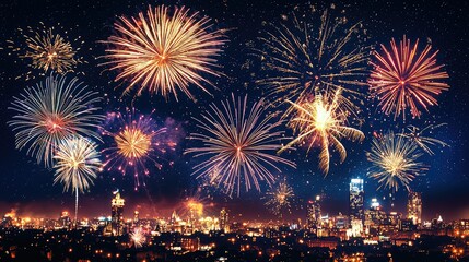 Colorful Fireworks Display Over City Skyline at Night Sky