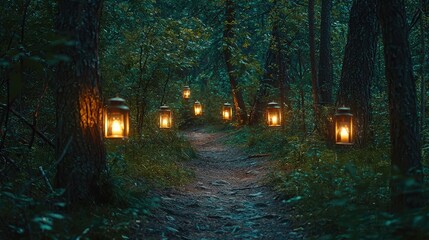 Obraz premium Enchanted Pathway with Lanterns Illuminating Forest Trail
