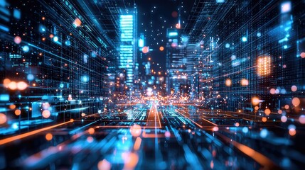 Futuristic Cityscape with Neon Lights and Data Flow Simulation