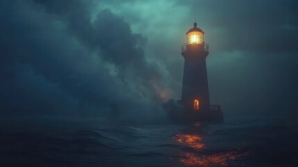 Fototapeta premium Mysterious Lighthouse Shines Bright in Stormy Ocean Landscape