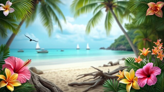 Vibrant Tropical Beach Scene with Hibiscus and Plumeria Flowers
