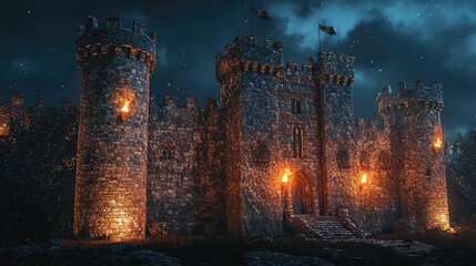 Fototapeta premium Majestic Stone Castle Under Dark Sky with Flickering Torches