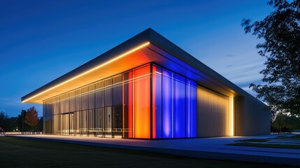 Modern Architectural Building with Colorful Light Display at Dusk