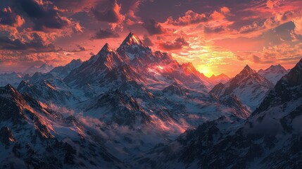 Majestic Sunset Over Snow-Capped Peaks in Vibrant Mountain Landscape