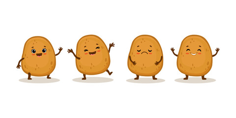set of cute cartoon potato characters with emotions. Cute potatoes in different poses isolated on white background. 