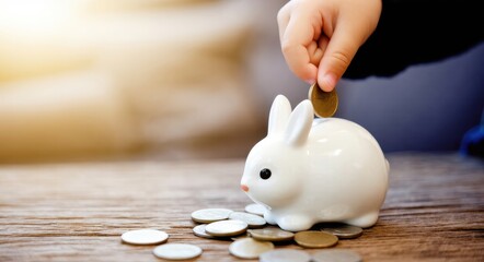 Child’s Hand and Pastel Bunny Piggy Bank.