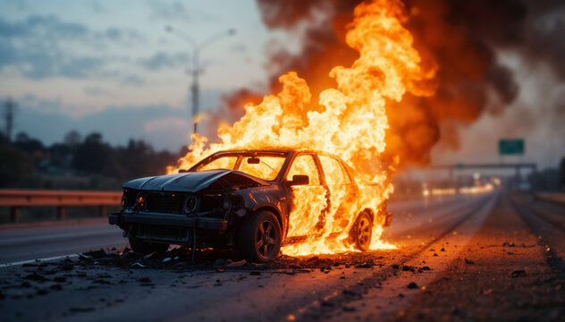 Dramatic car fire aftermath on interstate highway - Generative AI