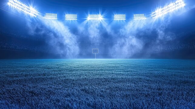 Illuminated Football Field with Blue Grass and Dramatic Atmosphere