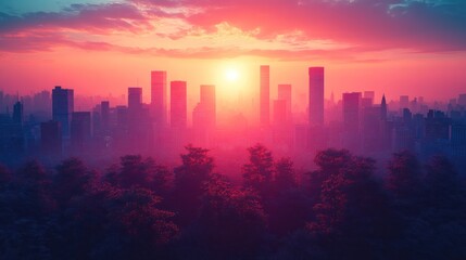 Fototapeta premium Vibrant sunset over a hazy city skyline viewed from a treetop perspective.