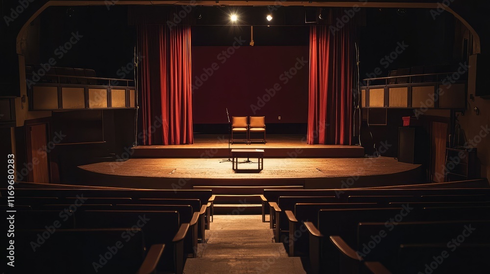 Poster empty theater stage with seating and red curtains illuminated softly