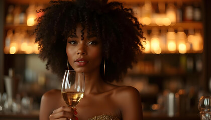 Mujer atractiva de raza negra y pelo rizado bebiendo una copa de vino blanco en un bar de lujo