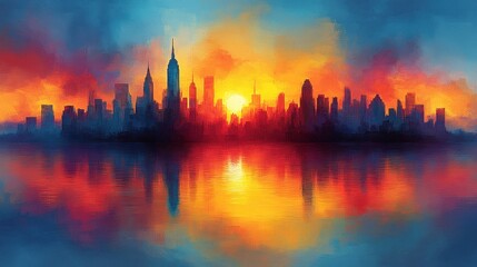 Obraz premium Vibrant sunrise over city skyline reflected in water.