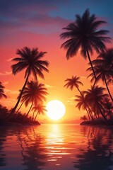 Obraz premium Captivating tropical sunset with rich colors, silhouettes of palm trees against tranquil bay, mountains reflecting in calm waters, perfect for lifestyle and adventure-themed imagery.