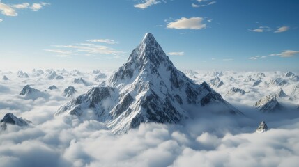 Obraz premium Majestic Snow-Capped Mountain Peak Rising Above Clouds in Clear Blue Sky Landscape with Distant Mountains and Dramatic Light Effects