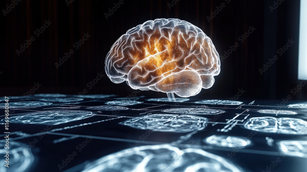 Poster glowing brain model above digital display of brain scans, showcasing neural activity and structure