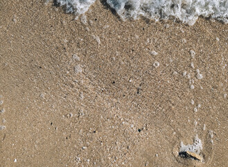Soft wave of the sea on the sandy beach with white clean foam. Copy space.